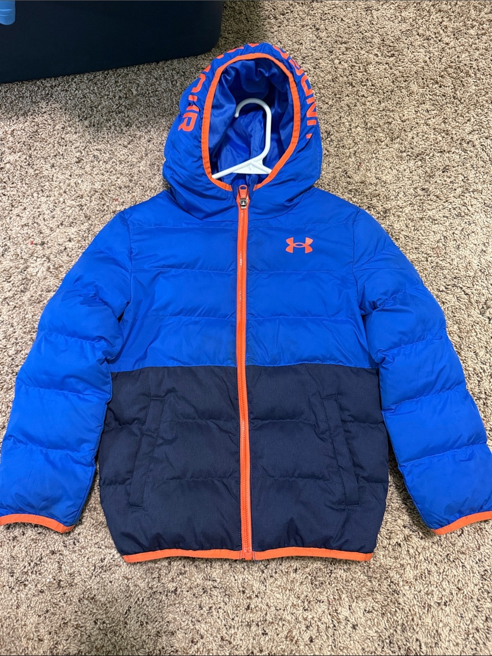 Under Armour Boys Blue & Navy Puffer Jacket with Orange Trim, size 7